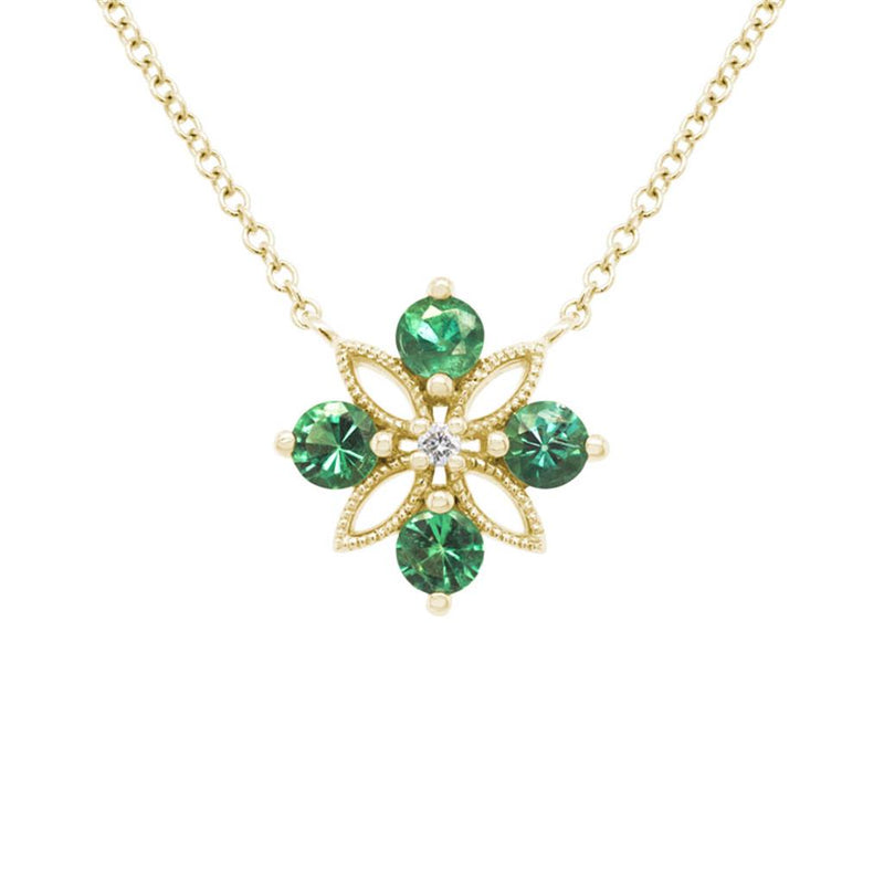 Davis Classics 14k Yellow Gold Emerald and Diamond Floral Pendant Necklace