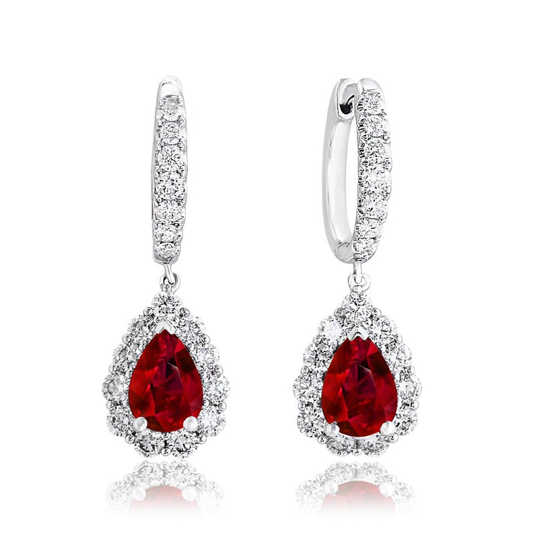 Davis Classics 18k White Gold Ruby and Diamond Halo Drop Earrings