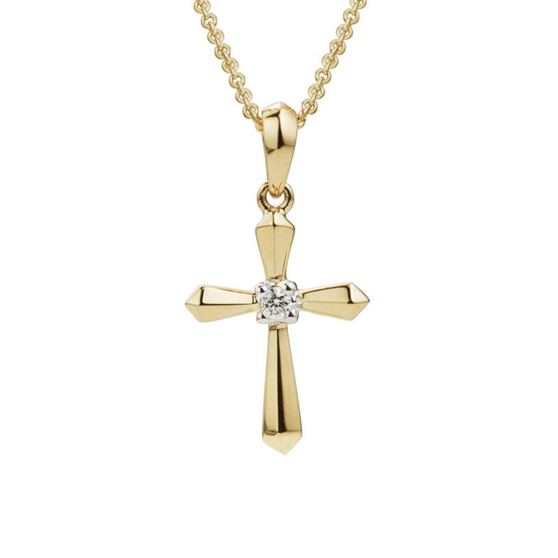 Davis Classics 14k Yellow Gold Beveled Edge Diamond Cross Pendant Necklace