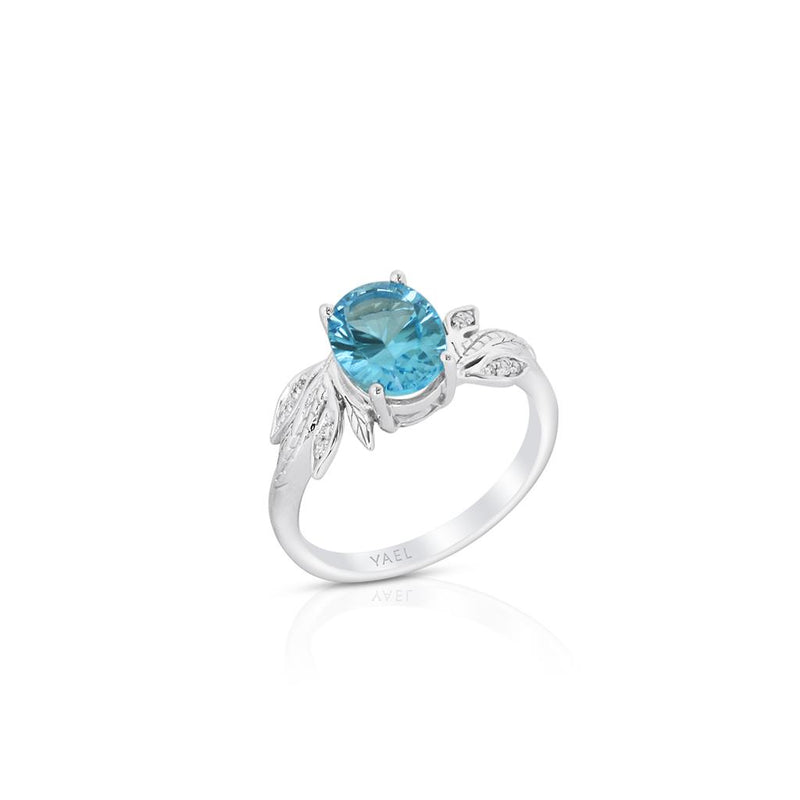Yael 14k White Gold Floral Collection Swiss Blue Topaz and Diamond Fashion Ring