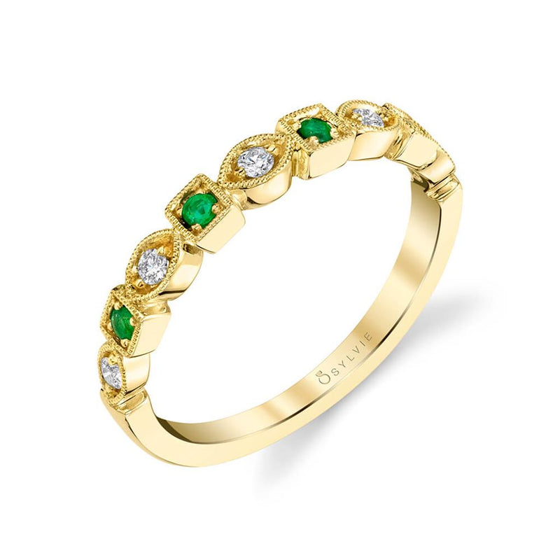 Sylvie 14k Yellow Gold Vintage-Inspired Geometric Emerald and Diamond Wedding Band with Milgrain Detail