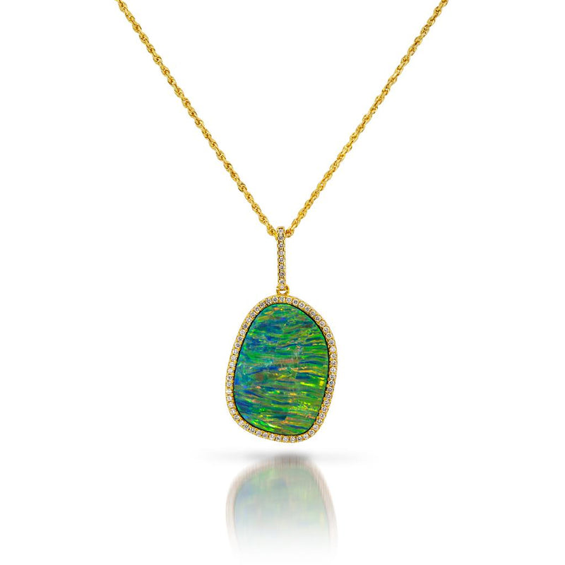 Davis Classics 18k Yellow Gold Australian Opal and Diamond Halo Drop Pendant