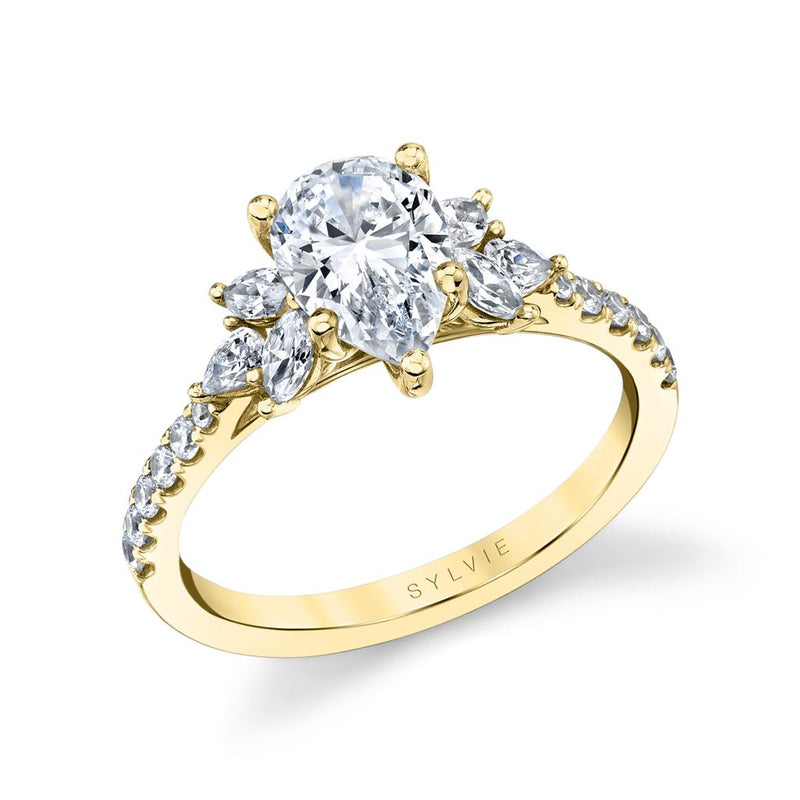 Sylvie 14k Yellow and White Gold Three-Stone Inspired Floral Design Engagement Ring Setting