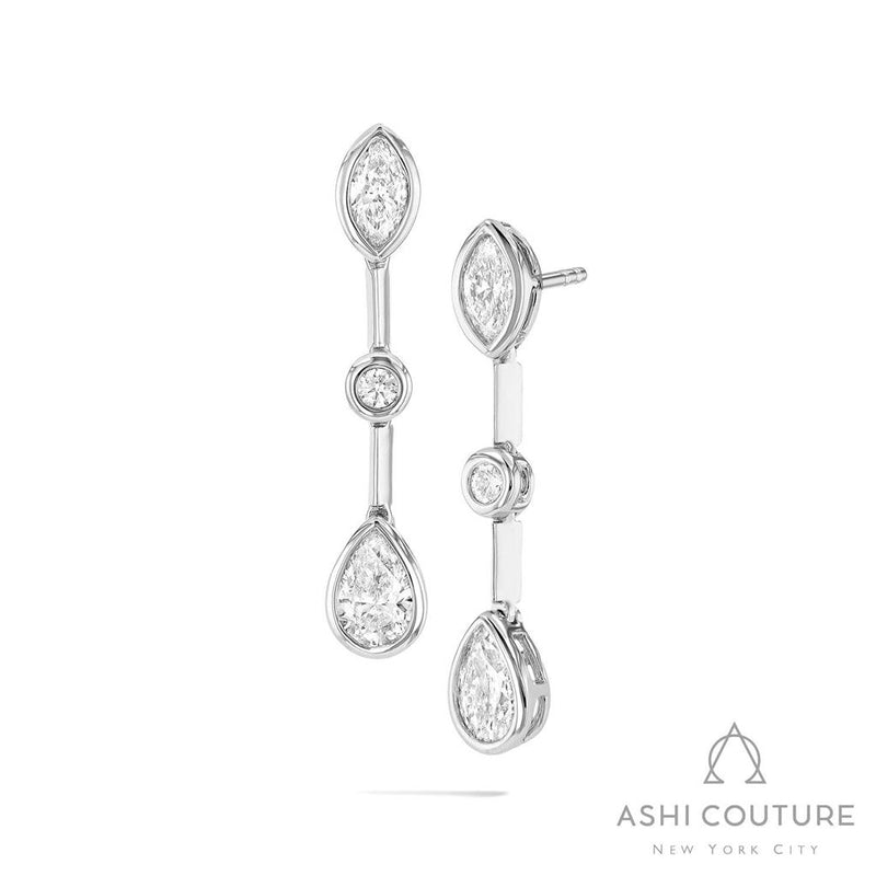 Davis Classics 18k White Gold Multi-Shape Diamond Bar Drop Earrings