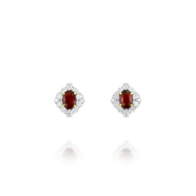 Yael 18k White and Yellow Gold Burmese Ruby and Diamond Floral Halo Stud Earrings