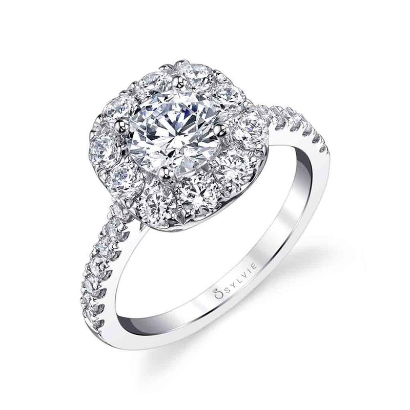 Sylvie 14k White Gold Cathedral Style Cushion Halo Design Engagement Ring Setting