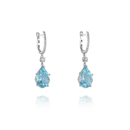 Yael 14k White Gold Swiss Blue Topaz and Diamond Hoop Drop Earrings
