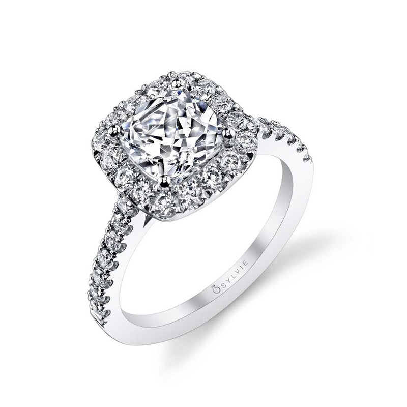 Sylvie 14k White Gold Cathedral Style Cushion Halo Design Engagement Ring Setting