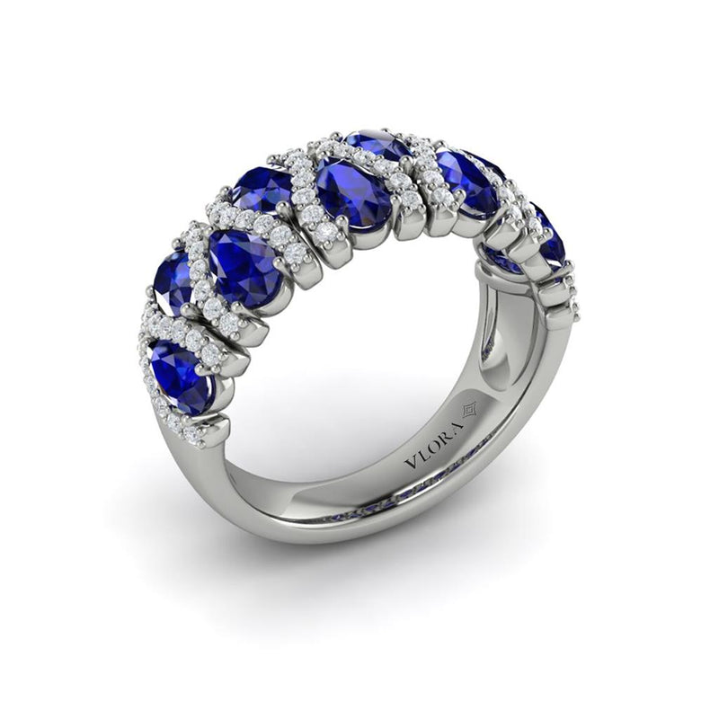 Vlora 14k White Gold Adella Basket Weave Blue Sapphire and Diamond Fashion Band