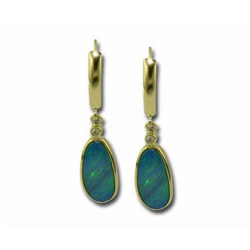 Davis Classics 14k Yellow Gold Australian Opal and Diamond Drop Earrings