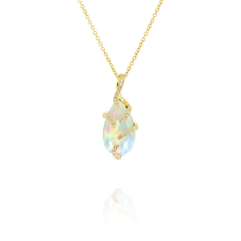 Yael 18k Yellow Gold Ethiopian White Opal and Diamond Teardrop Pendant