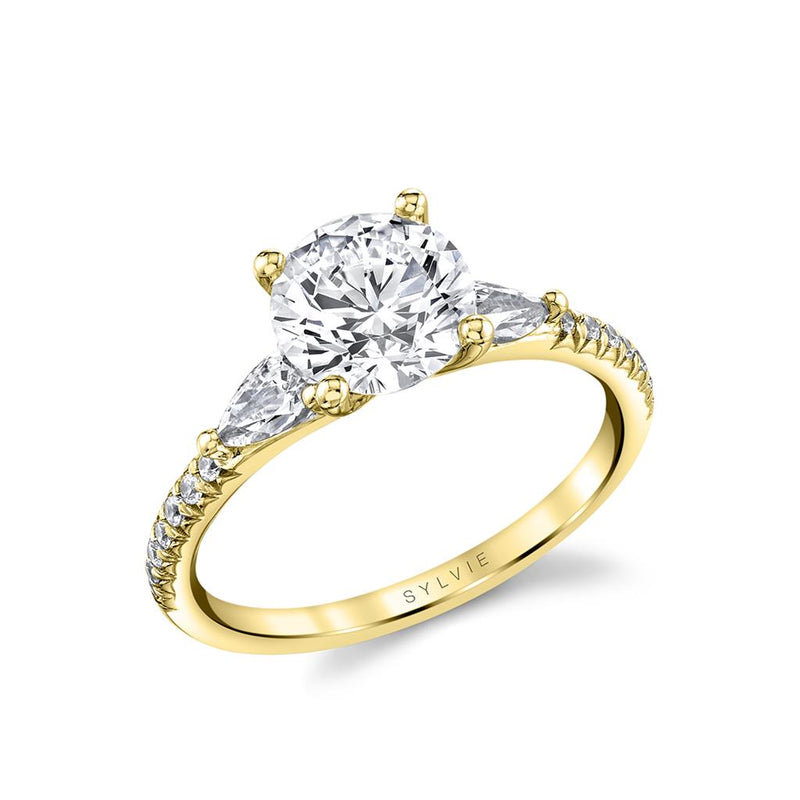 Sylvie 14k Yellow Gold Three Stone Semi Mount with Pear Cut Side Diamonds