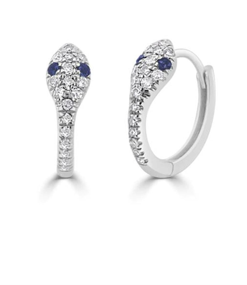 Davis Classics 14k White Gold Diamond and Sapphire Snake Huggie Hoop Earrings