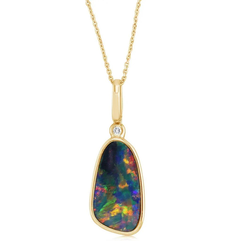 Davis Classics 14k Yellow Gold Australian Opal and Diamond Drop Pendant
