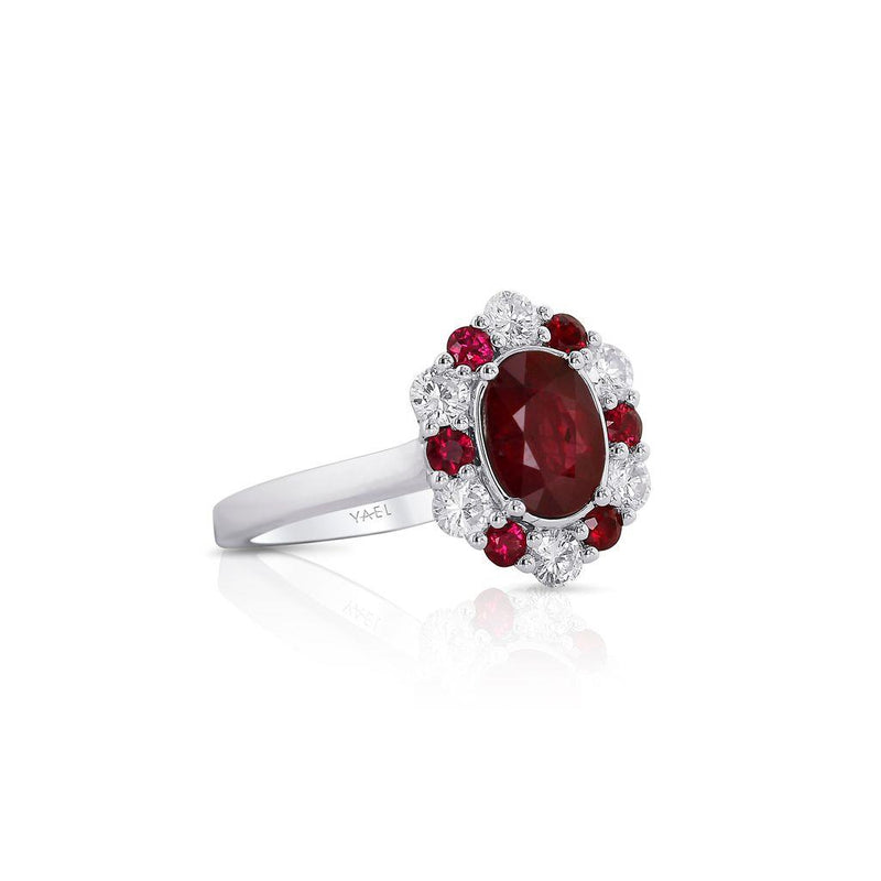 Yael 18k White Gold Burmese Ruby and Diamond Floral Halo Ring
