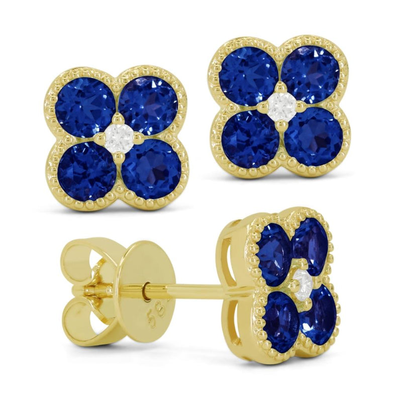 Madison L 14k Yellow Gold Clover Design Laboratory-Created Blue Sapphire Stud Earrings with Milgrain Detail