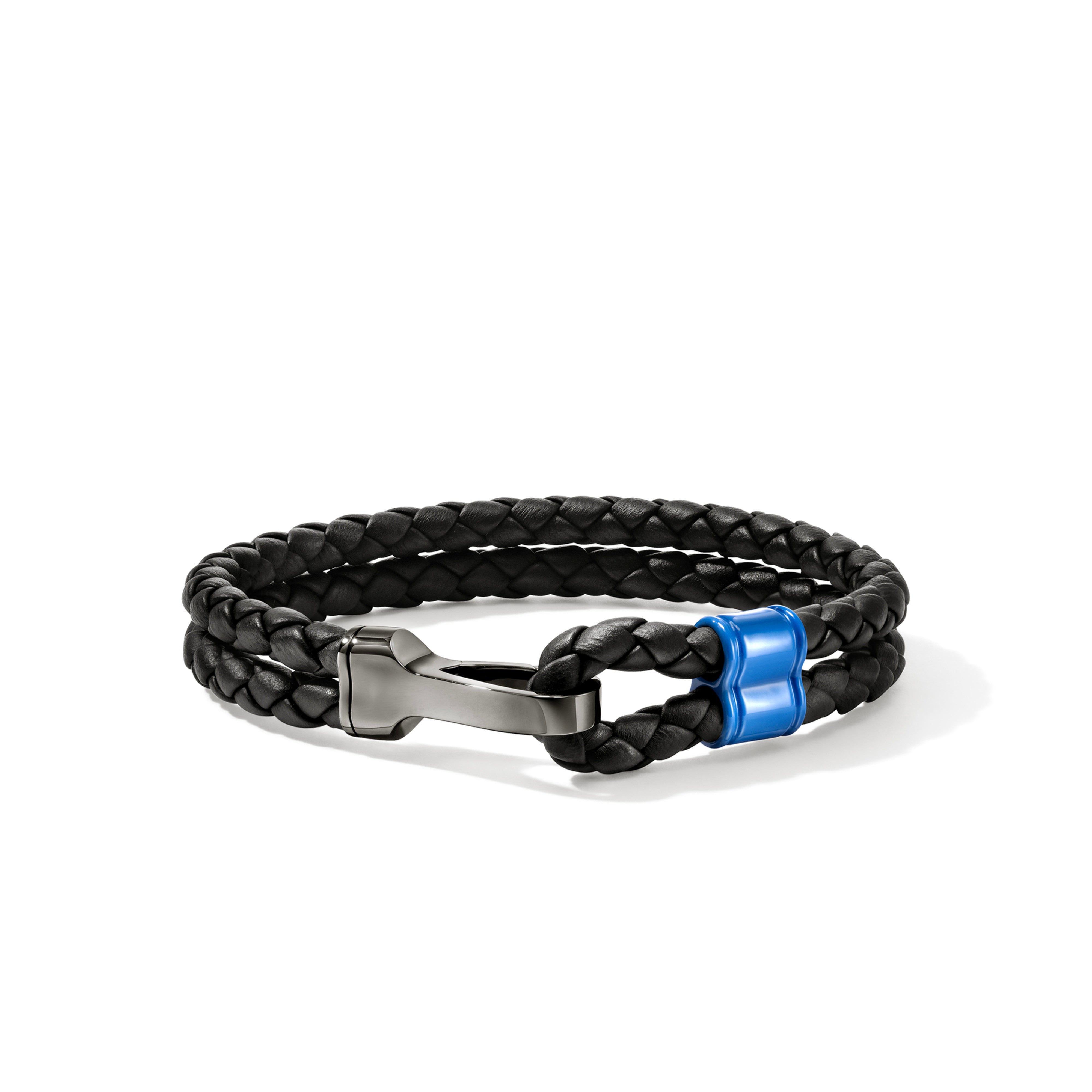 John Hardy Sterling Silver, Black Leather and Blue Enamel Bracelet