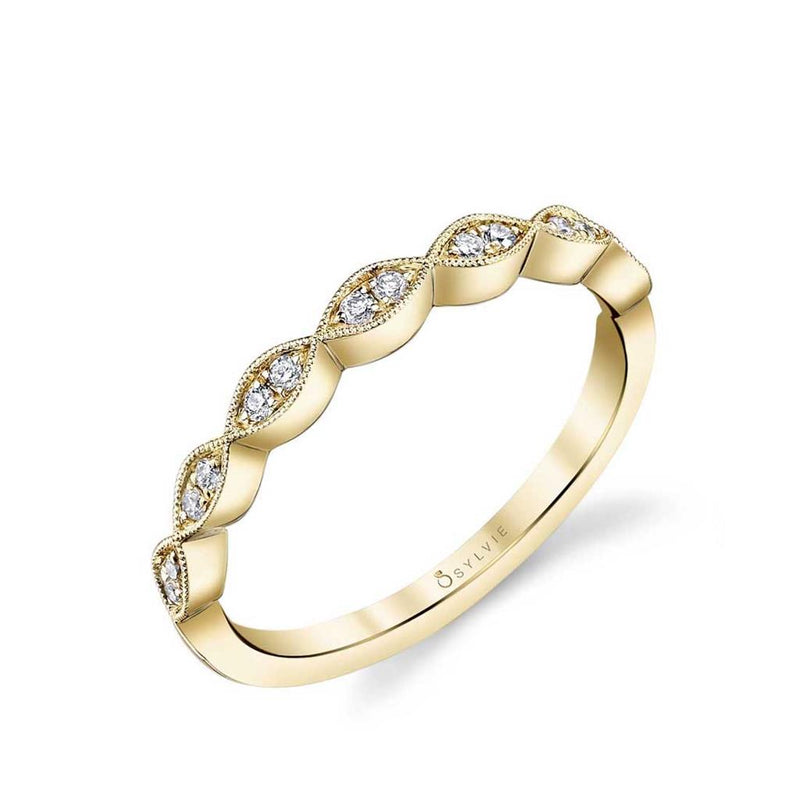 Sylvie Women's 14k Yellow Gold Stackable Marquise Station Diamond Wedding Band with Milgrain Detail