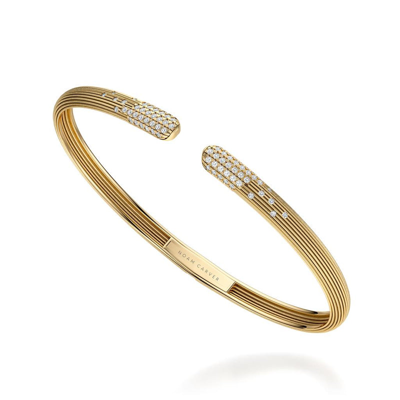 Noam Carver 14k Yellow Gold Rae Collection Frosted Textured Scattered Diamond Hinged Cuff Bangle Bracelet