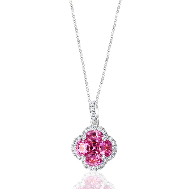 Davis Classics 18k White Gold Pink Sapphire and Diamond Floral Halo Pendant Necklace