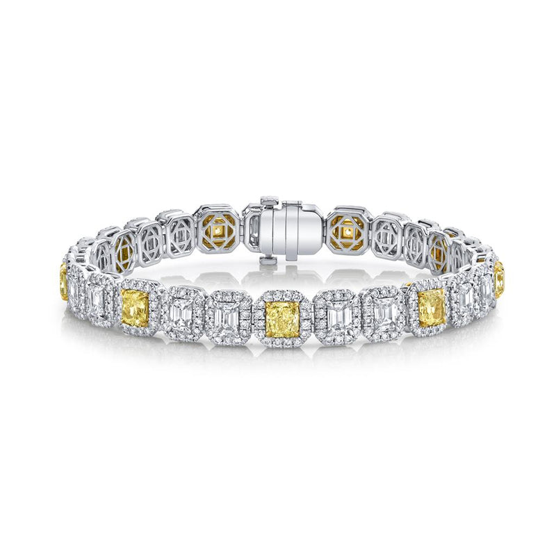 Davis Classics Platinum and 18k Yellow Gold Halo Design Diamond Tennis Bracelet
