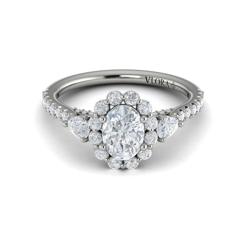 Vlora 14k White Gold Three Stone Collection Floral Halo Oval Diamond Engagement Ring Setting