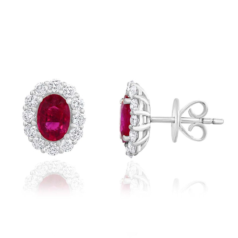 Davis Classics 18k White Gold Ruby and Diamond Halo Stud Earrings