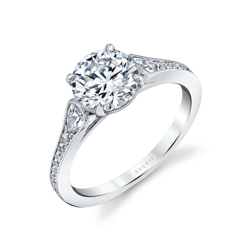 Sylvie 14k White Gold Vintage Design Engagement Ring Setting with Milgrain Detail