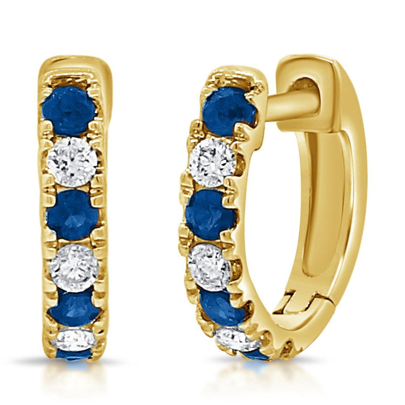 Davis Classics 14k Yellow Gold Sapphire and Diamond Huggie Hoop Earrings