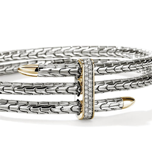 John Hardy 14k Yellow Gold and Sterling Silver Spear Triple Flex Diamond Cuff Bracelet