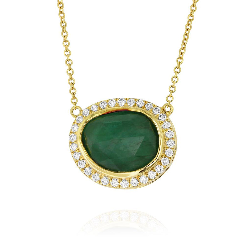Yael 18k Yellow Gold Emerald and Diamond Halo Pendant Necklace