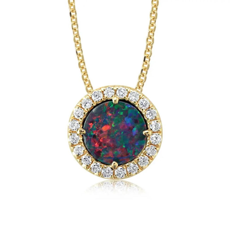 Davis Classics 14k Yellow Gold Australian Opal Doublet and Diamond Halo Pendant Necklace