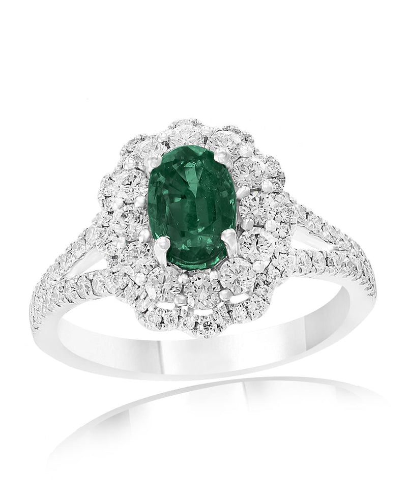 Davis Classics 18k White Gold Double Halo Zambian Emerald and Diamond Ring