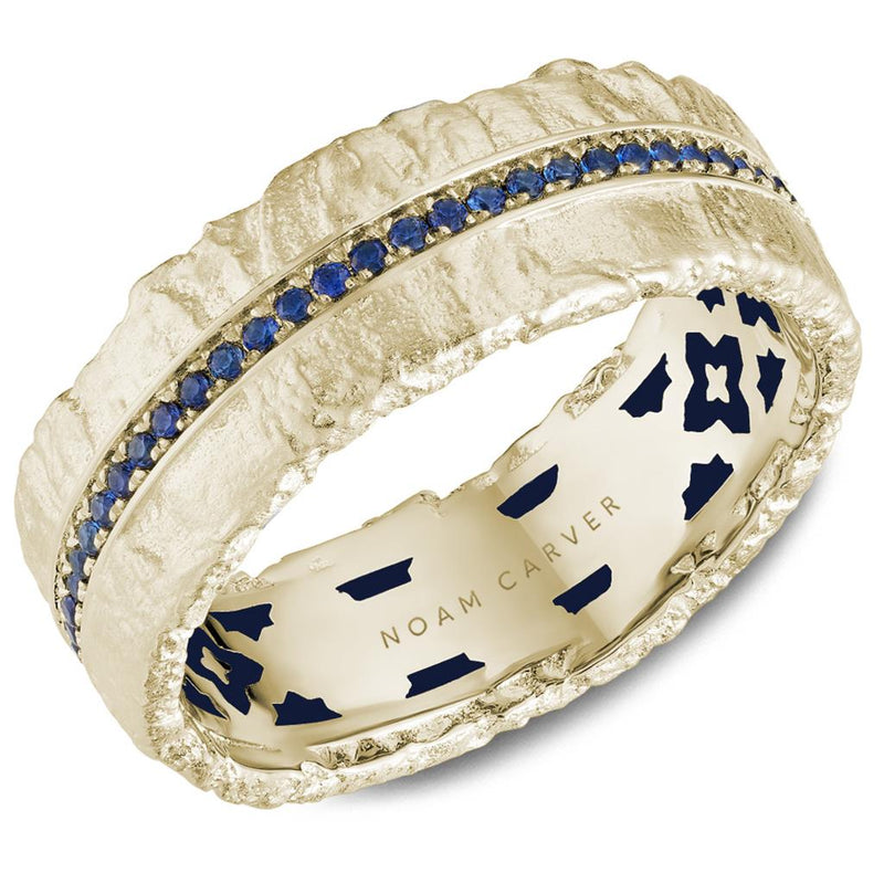 Noam Carver 14k Yellow Gold 8mm Nugget Design Wedding Band with Blue Sapphires and Navy Enamel