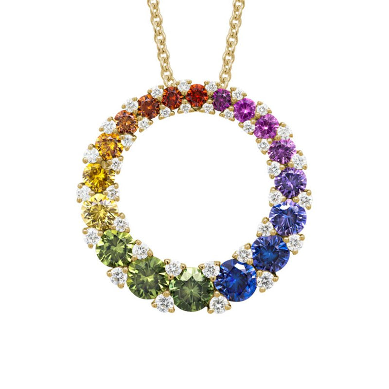 Davis Classics 14k Yellow Gold Multi-Color Sapphire and Diamond Open Circle Pendant Necklace