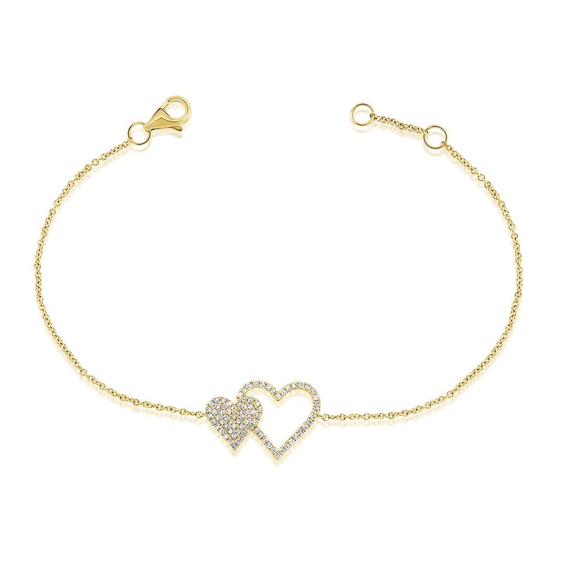Davis Classics 14k Yellow Gold Double Heart Diamond Station Bracelet