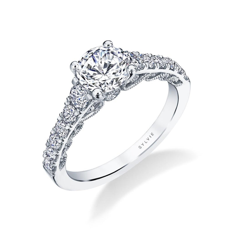 Sylvie 14k White Gold Vintage Style Engagement Ring Setting with Milgrain Scroll Detail