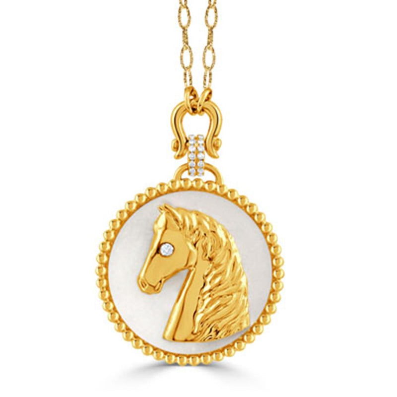 Doves 18k Yellow Gold Mother of Pearl and Diamond Horse Head Disc Pendant