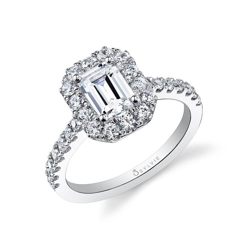 Sylvie 14k White Gold Cathedral Style Emerald-Cut Halo Design Engagement Ring Setting