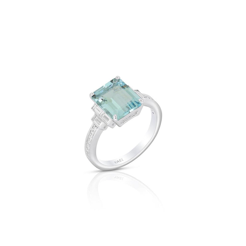 Yael 18k White Gold Aquamarine and Diamond Baguette Accent Ring