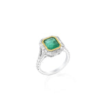 Yael 18k White and Yellow Gold Emerald and Diamond Art Deco Halo Ring