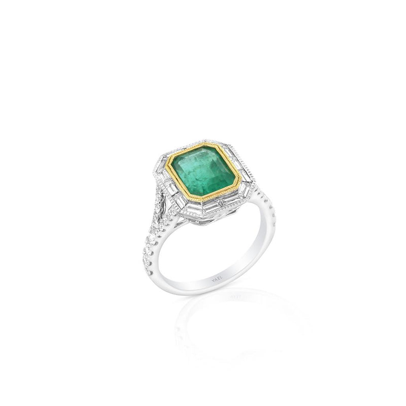 Yael 18k White and Yellow Gold Emerald and Diamond Art Deco Halo Ring