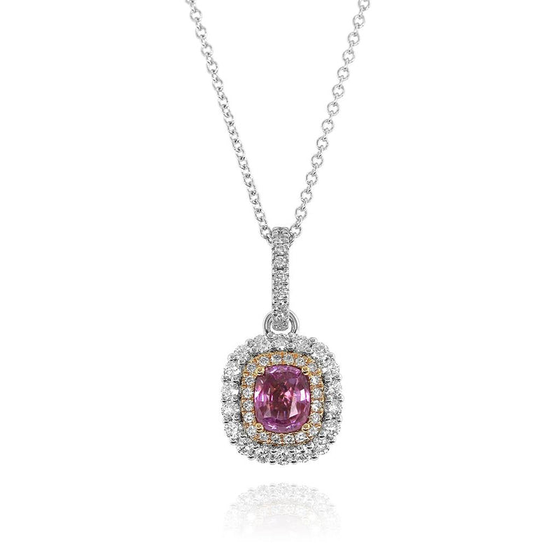 Yael 18k White and Rose Gold Pink Sapphire and Diamond Double Halo Pendant