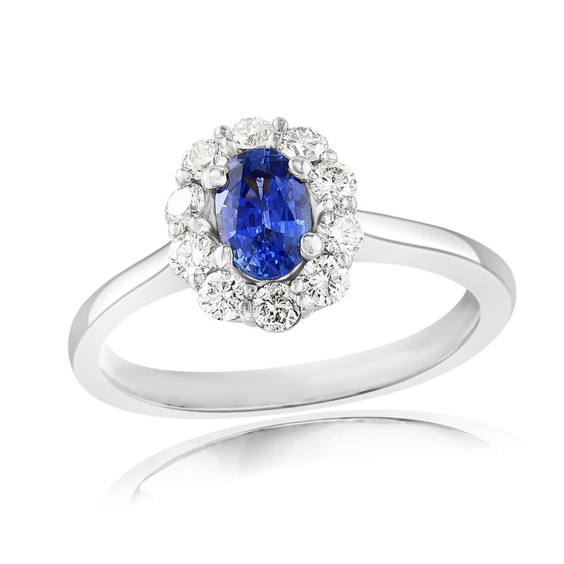Davis Classics 18k White Gold Blue Sapphire and Diamond Floral Halo Ring