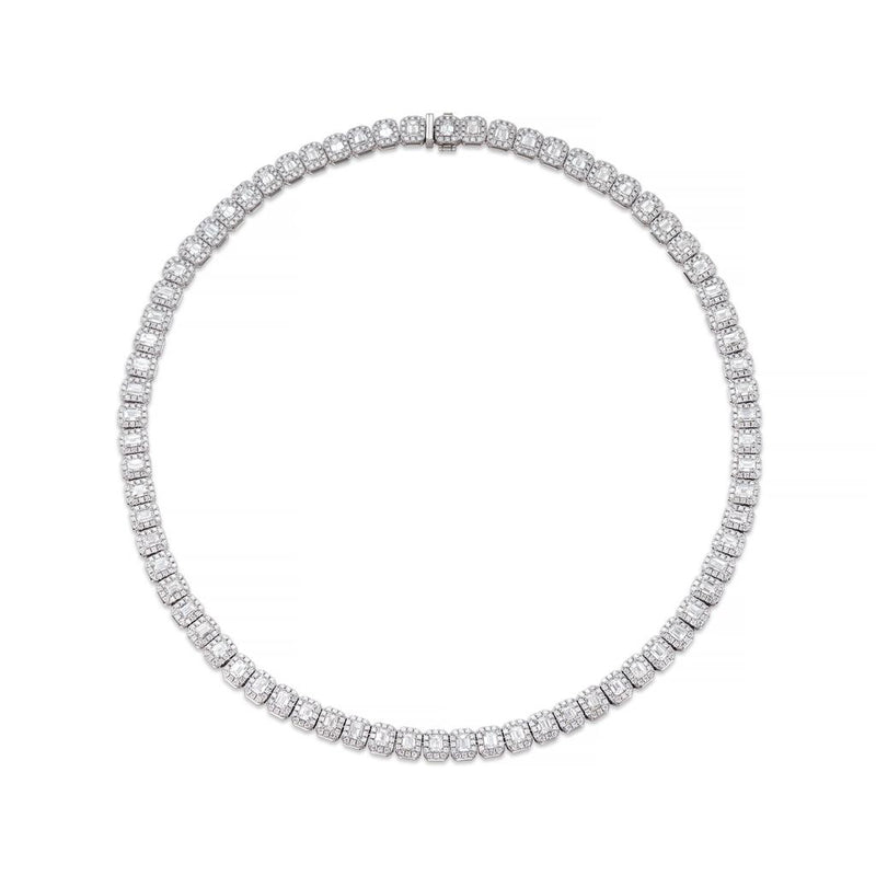 Davis Classics 18k White Gold Halo Emerald-Cut Diamond Straight Line Necklace