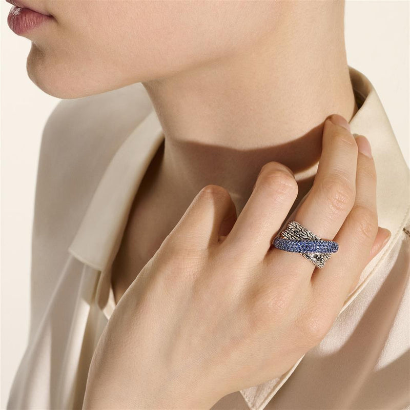 John Hardy Sterling Silver Essential Pavé Blue Sapphire Crossover Ring