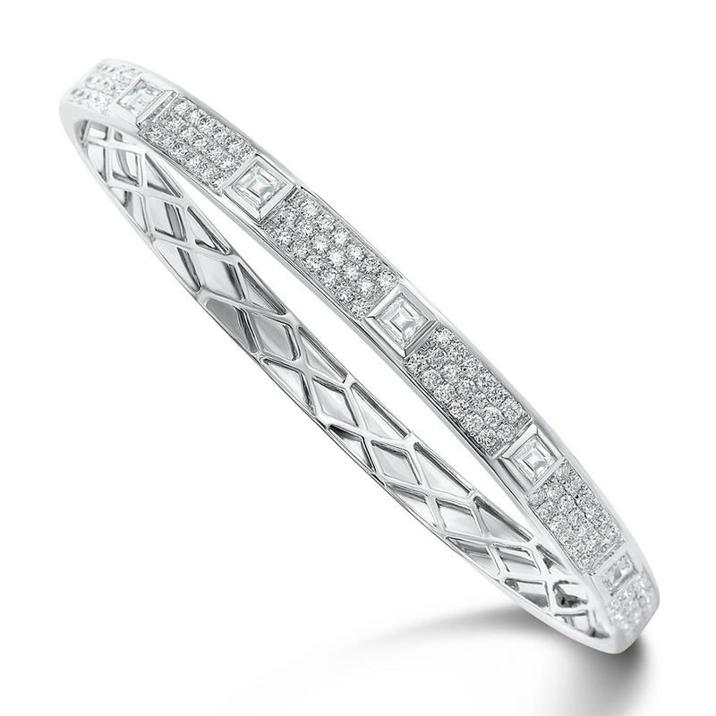 Davis Classics 18k White Gold Diamond Ascher Cut and Pavé Bangle Bracelet