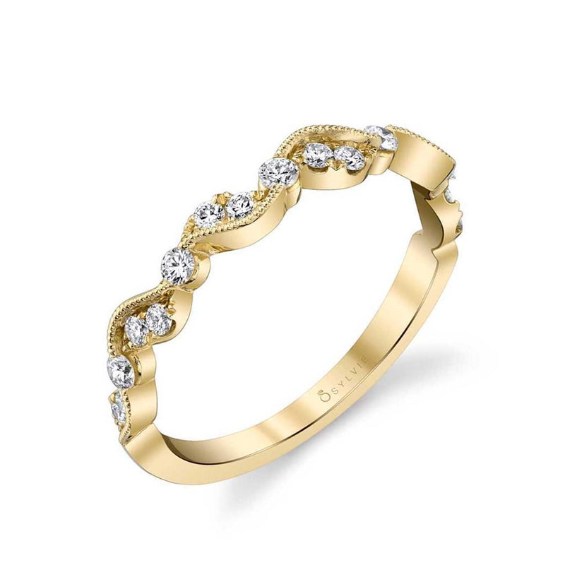 Sylvie Women's 14k Yellow Gold Vintage-Inspired Ribbon Design Diamond Band with Milgrain Detail