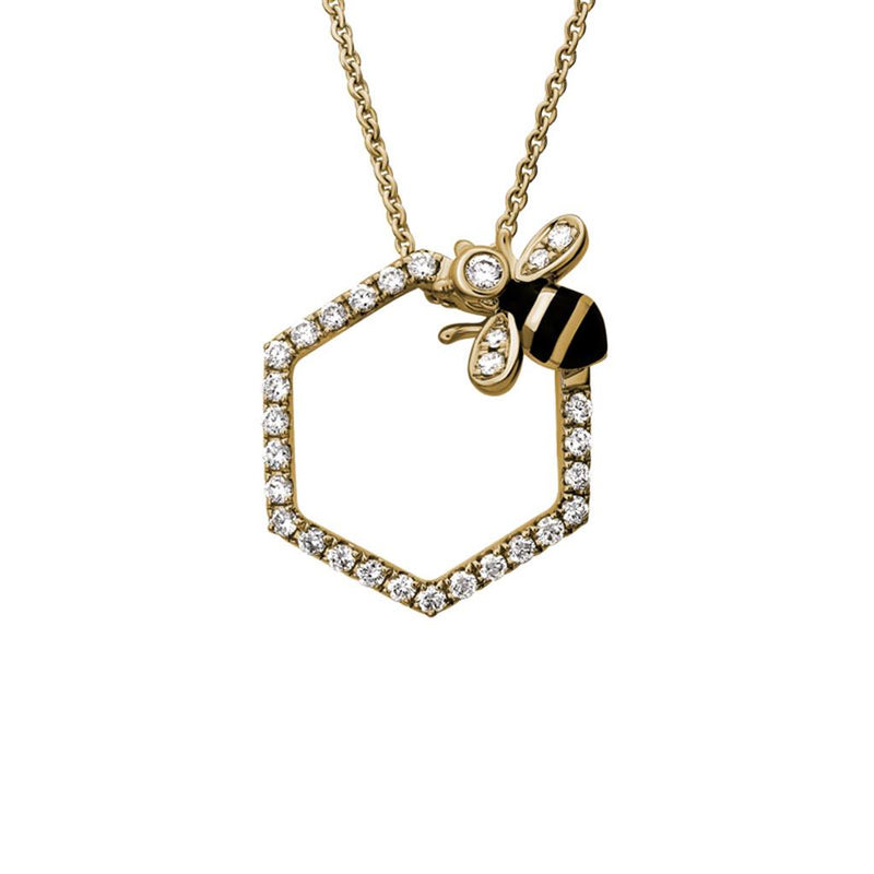 Davis Classics 14k Yellow Gold Diamond Hexagon Honey Bee Pendant Necklace