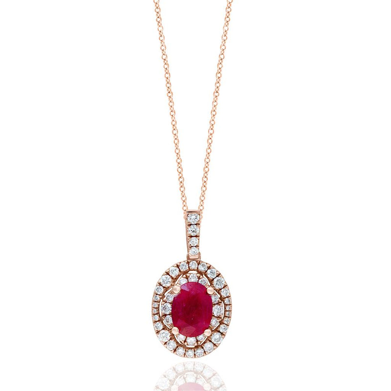 Davis Classics 18k Rose Gold Double Halo Ruby and Diamond Pendant Necklace
